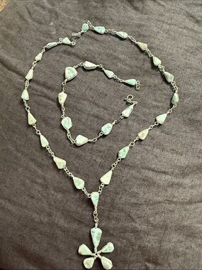 Handcrafted Green Turquoise Flower Pendant Necklace — Sterling-Style Chain